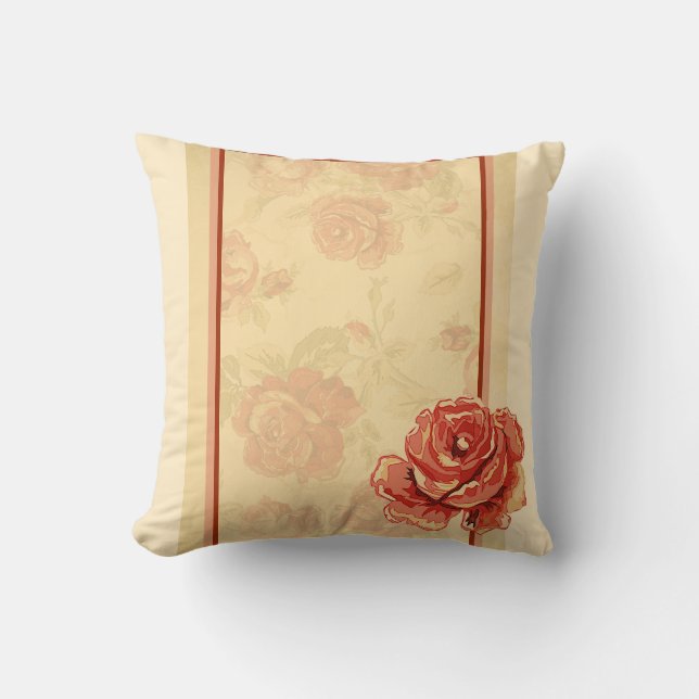Rote Rose, Creme, antike Blumen Kissen (Vorderseite)