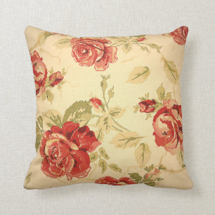 Rote Rose, Creme, Tan, antiker Blumendruck Kissen
