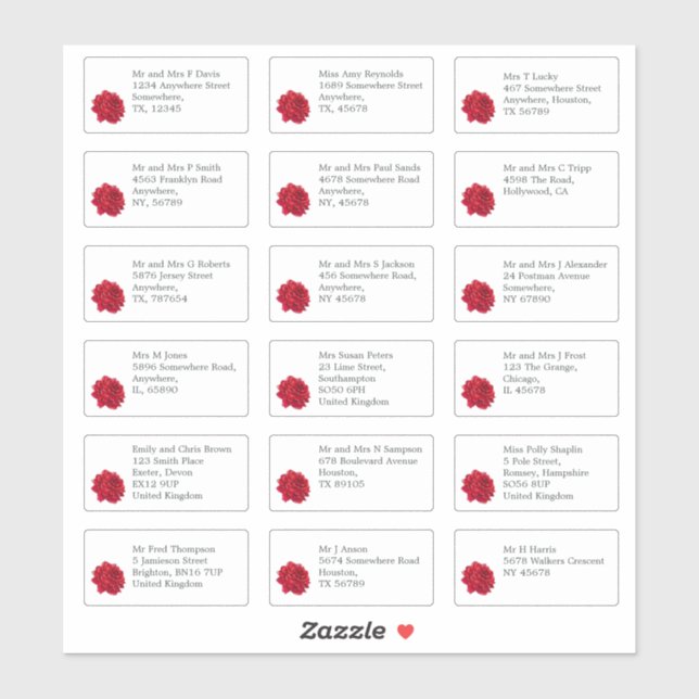 Rote Rose der einzelnen Hochzeitgastnamen Aufkleber (Blatt)