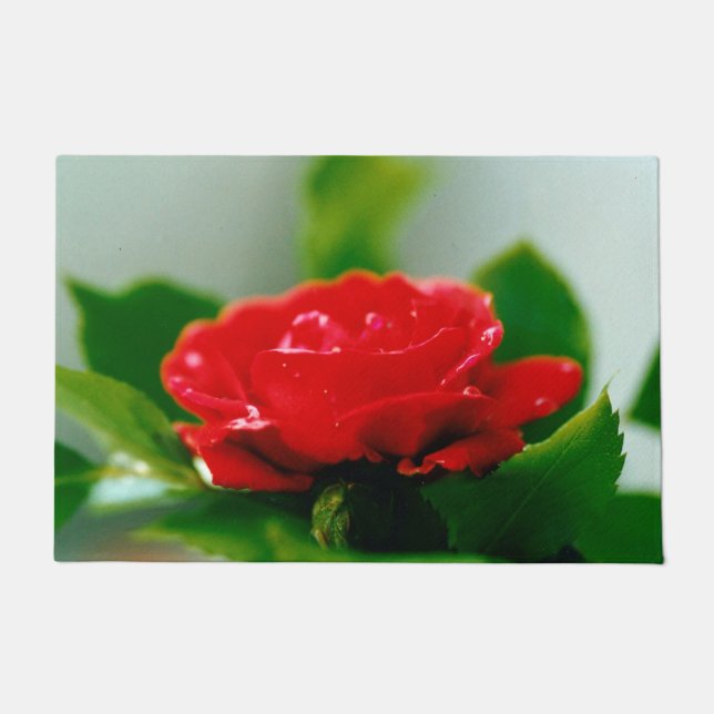 Rote Rose der Leidenschaft mit Taubstropfen Fußmatte (Vorderseite)