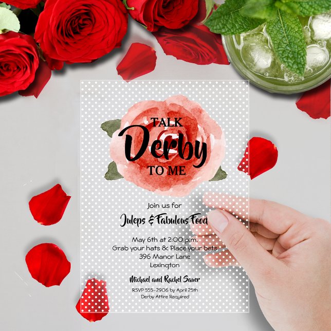 Rote Rose Derby Party Acryleinladungen (Large red rose on white polka dots Derby party clear acrylic party invitations)