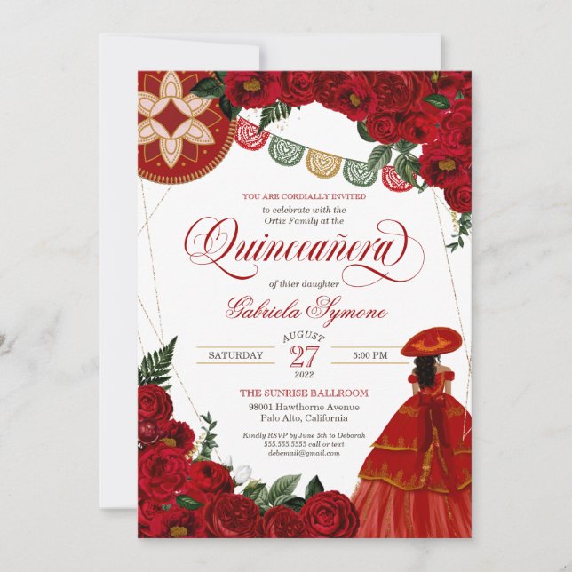 Rote Rose Elegante Charra/Mariachi Kleid Quinceañe Einladung (Vorderseite)