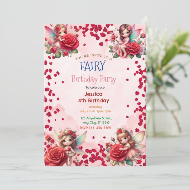 Rote Rose Fairy: Begeisterte Einladung zum Geburts (Stehend Vorderseite)