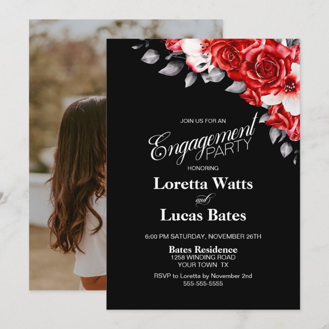 Rote Rose Floral Black Engagement Party Foto Einladung (Vorne/Hinten)