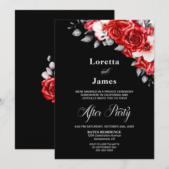 Rote Rose Floral Black Wedding Empfang Einladung (Vorne/Hinten)