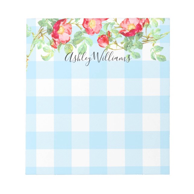 Rote Rose Floral Blue Buffalo Kariertes Script Mon Notizblock (Vorderseite)