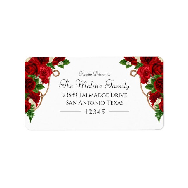 Rote Rose Floral Charro Quinceanera Adresse Adressaufkleber (Vorne)