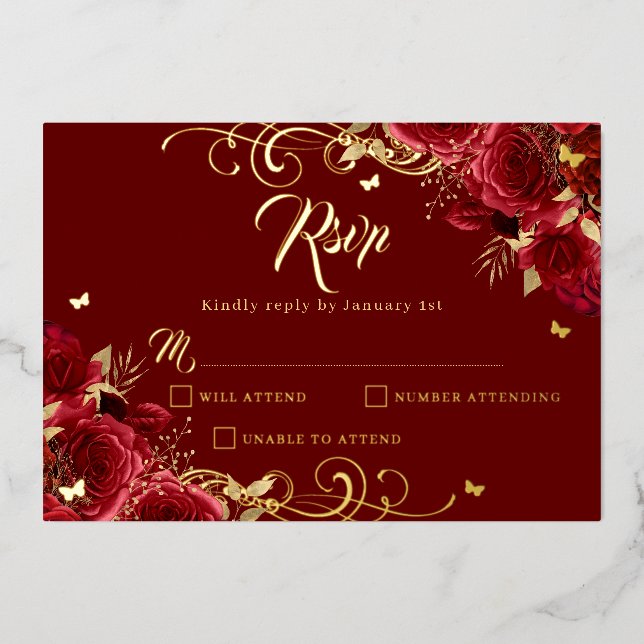 Rote Rose Floral Gold Swirl Gold Quinceanera Folieneinladung (Vorderseite)