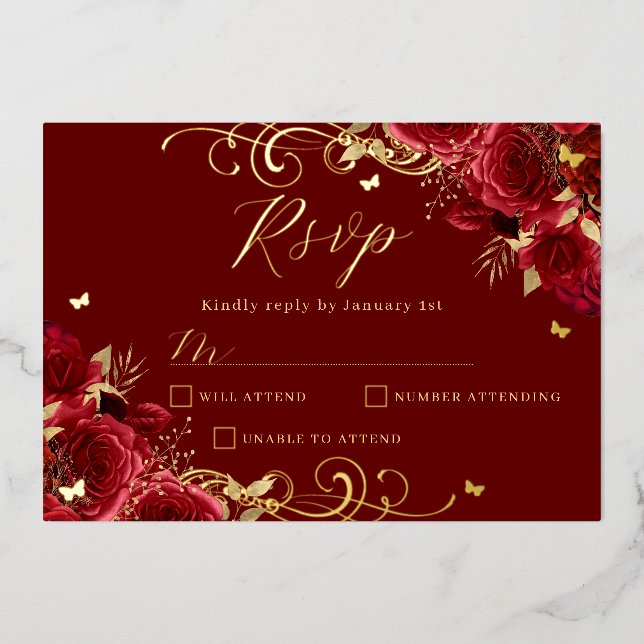 Rote Rose Floral Gold Swirl Quinceanera Folieneinladung (Vorderseite)