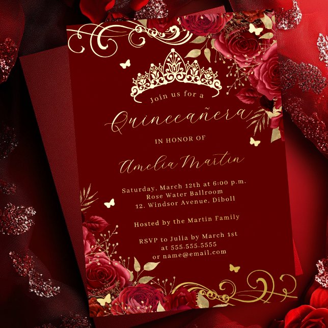 Rote Rose Floral Gold Swirl Quinceanera Folieneinladung (Von Creator hochgeladen)