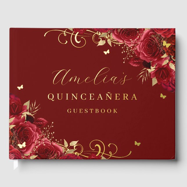 Rote Rose Floral Gold Swirl Quinceanera Gästebuch (Vorderseite)