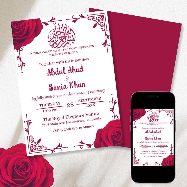 Rote Rose Floral Islamische Hochzeit Einladung (Von Creator hochgeladen)