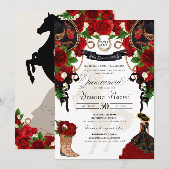 Rote Rose Floral Mariachi Charro Quinceanera Einladung (Vorne/Hinten)