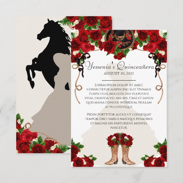 Rote Rose Floral Mariachi Charro Quinceanera Info Begleitkarte (Vorne/Hinten)