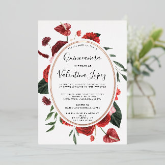 Rote Rose Floral Quinceanera Folieneinladung