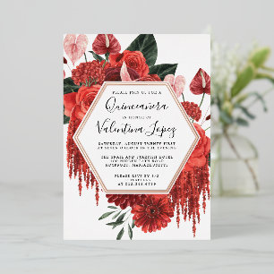 Rote Rose Floral Quinceanera Glam Gold Folieneinladung
