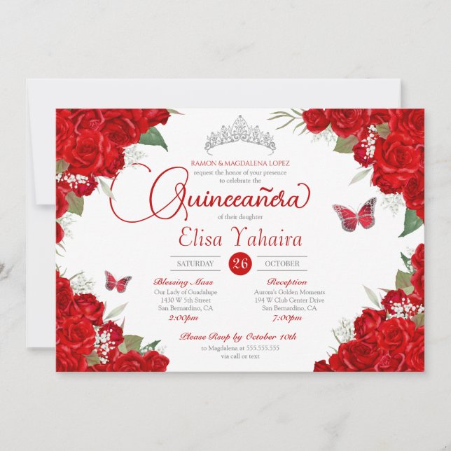 Rote Rose Floral Silver Tiara Butterfly Quinceaner Einladung (Vorderseite)