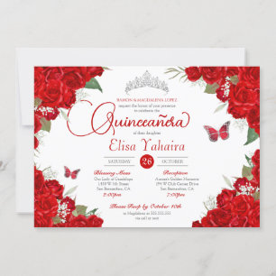 Rote Rose Floral Silver Tiara Butterfly Quinceaner Einladung
