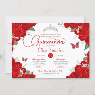 Rote Rose Floral Silver Tiara Butterfly Quinceaner Einladung