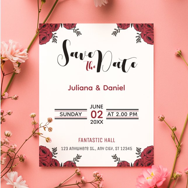 Rote Rose Floral Wedding Theme Save The Date (lovely floral theme save the date card)