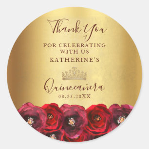 Rote Rose Florale Glänzende Goldkrone Quinceañera Runder Aufkleber