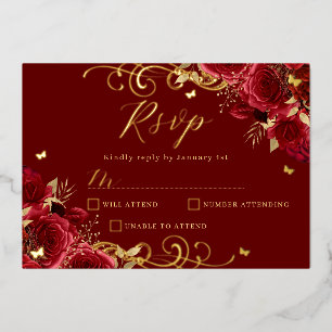 Rote Rose Florale Goldene Wirbel Quinceanera  Folieneinladung