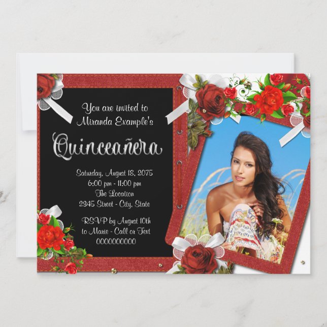 Rote Rose Foto Quinceanera Einladung (Vorderseite)