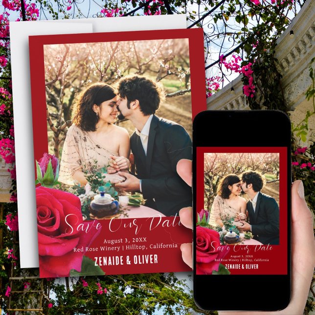 Rote Rose Foto Save the Date Karte flach (Von Creator hochgeladen)