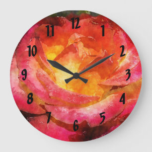 Rote Rose für Wasserfarbenflamme Große Wanduhr