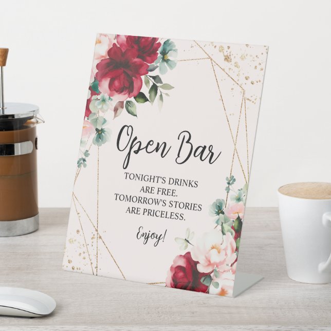 Rote Rose & Gold Aquarell Open Bar Sign Sockelschild (In SItu)
