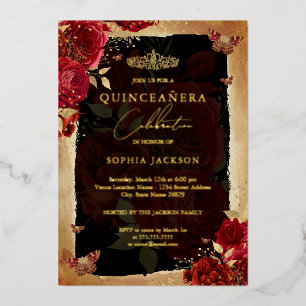 Rote Rose Gold Blumen Schmetterlings Tiara Quincea Folieneinladung