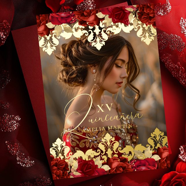 Rote Rose Gold Damask Floral Foto Quinceanera Folieneinladung (Von Creator hochgeladen)