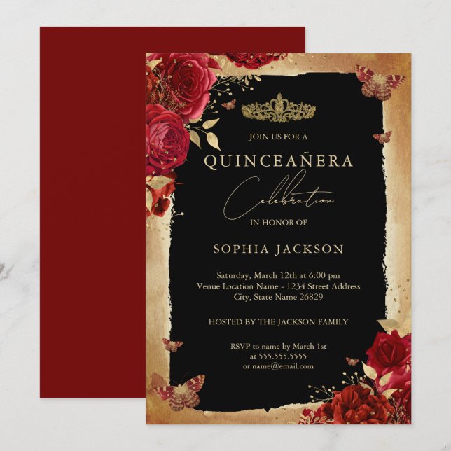 Rote Rose Gold Elegante Quinceanera Einladung (Vorne/Hinten)