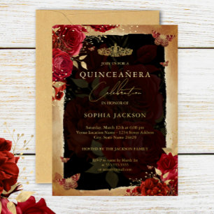 Rote Rose Gold Floral Butterfly Tiara Quinceanera Folieneinladung