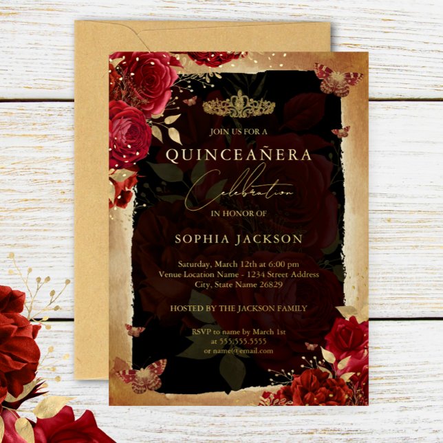 Rote Rose Gold Floral Butterfly Tiara Quinceanera Folieneinladung (Von Creator hochgeladen)