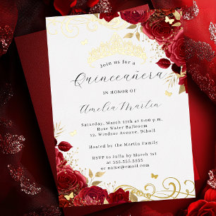 Rote Rose Gold Floral Swirl Quinceanera Folieneinladung