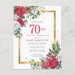 Rote Rose Gold Holly 70. Geburtstag Einladungspostkarte