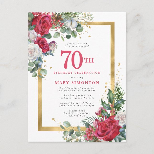 Rote Rose Gold Holly 70. Geburtstag Einladungspostkarte (Vorderseite)