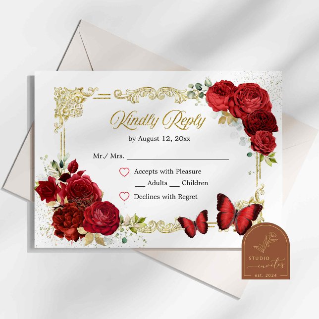 Rote Rose Gold Quinceañera RSVP-Karte RSVP Karte (Von Creator hochgeladen)