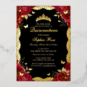 Rote Rose Gold Schmetterling Spitze Quinceanera Ge Folieneinladung