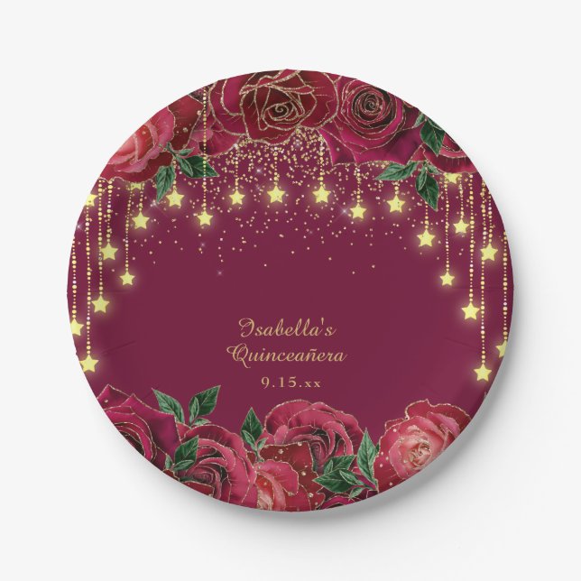 Rote Rose Gold Star String Light Stars Quinceañera Pappteller (Vorderseite)