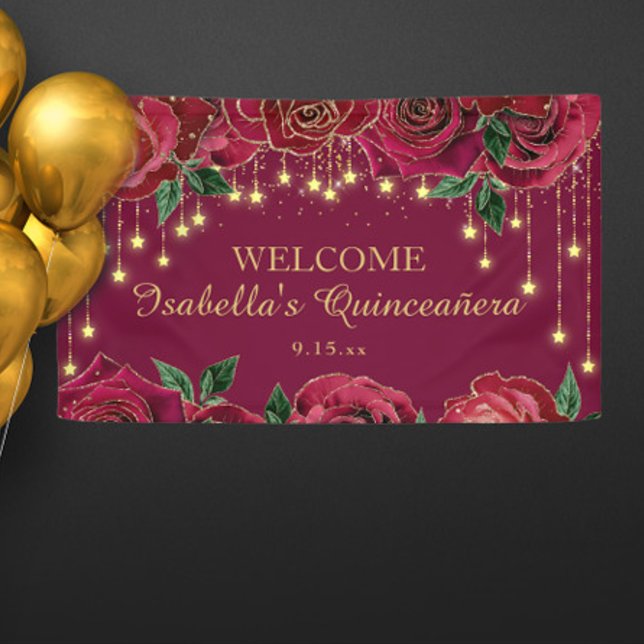 Rote Rose Gold Stars Quinceañera Willkommen Banner (Elegant red roses and gold star string lights Quinceañera banner)