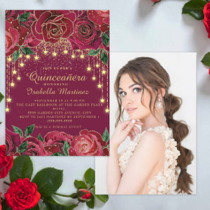 Rote Rose Gold String Light Star Foto Quinceañera Einladung