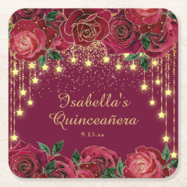 Rote Rose Gold String Light Stars Quinceñera Rechteckiger Pappuntersetzer