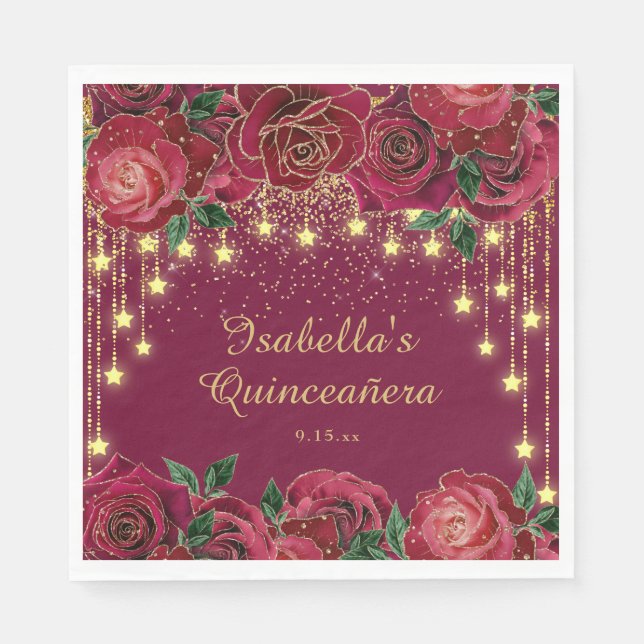 Rote Rose Gold String Light Stars Quinceñera Serviette (Vorderseite)