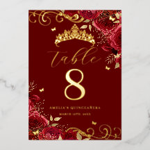 Rote Rose Gold Swirl Quinceanera Tischnummer