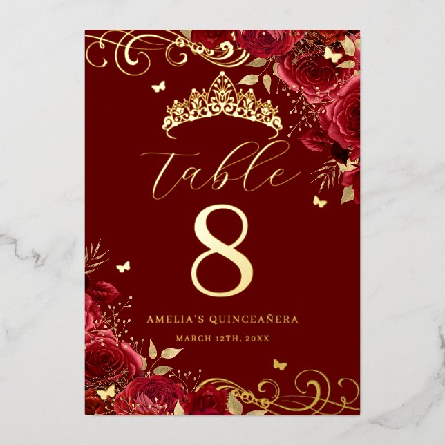 Rote Rose Gold Swirl Quinceanera Tischnummer (Vorderseite)