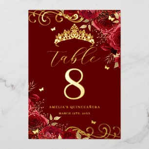 Rote Rose Gold Swirl Quinceanera-Tischnummer Folieneinladung