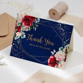 Rote Rose & Gold Watercolor Wedding Dankeschön Car Dankeskarte