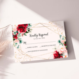 Rote Rose & Gold Watercolor Wedding RSVP Card
